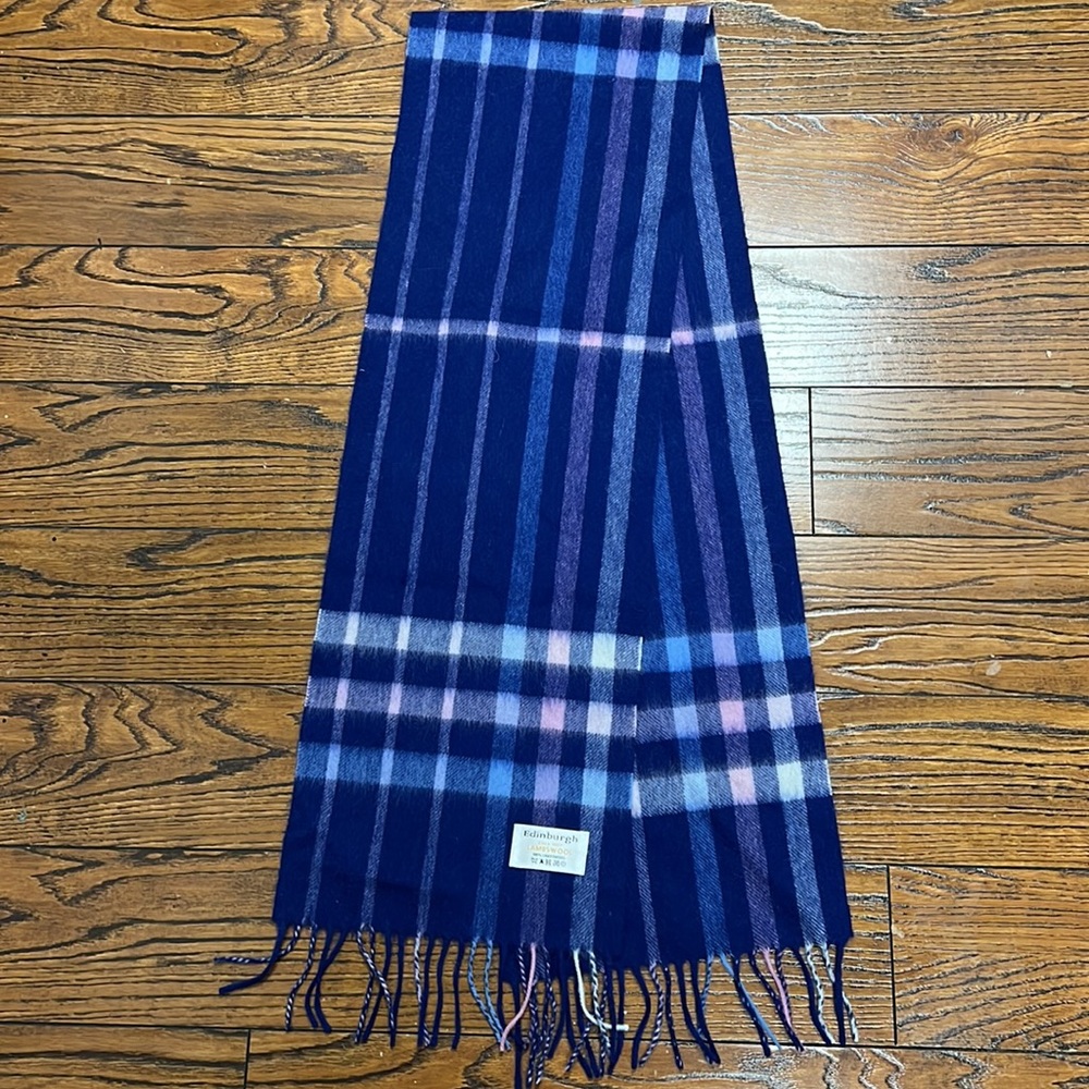 Edinburgh 100% Lambswool Blue White & Pink Tartan Plaid Style Scarf